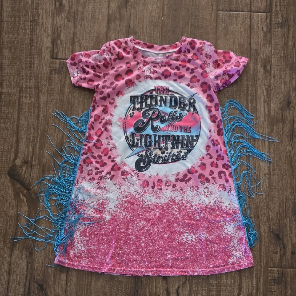 Pink Leopard Print Dress with Blue Fringe